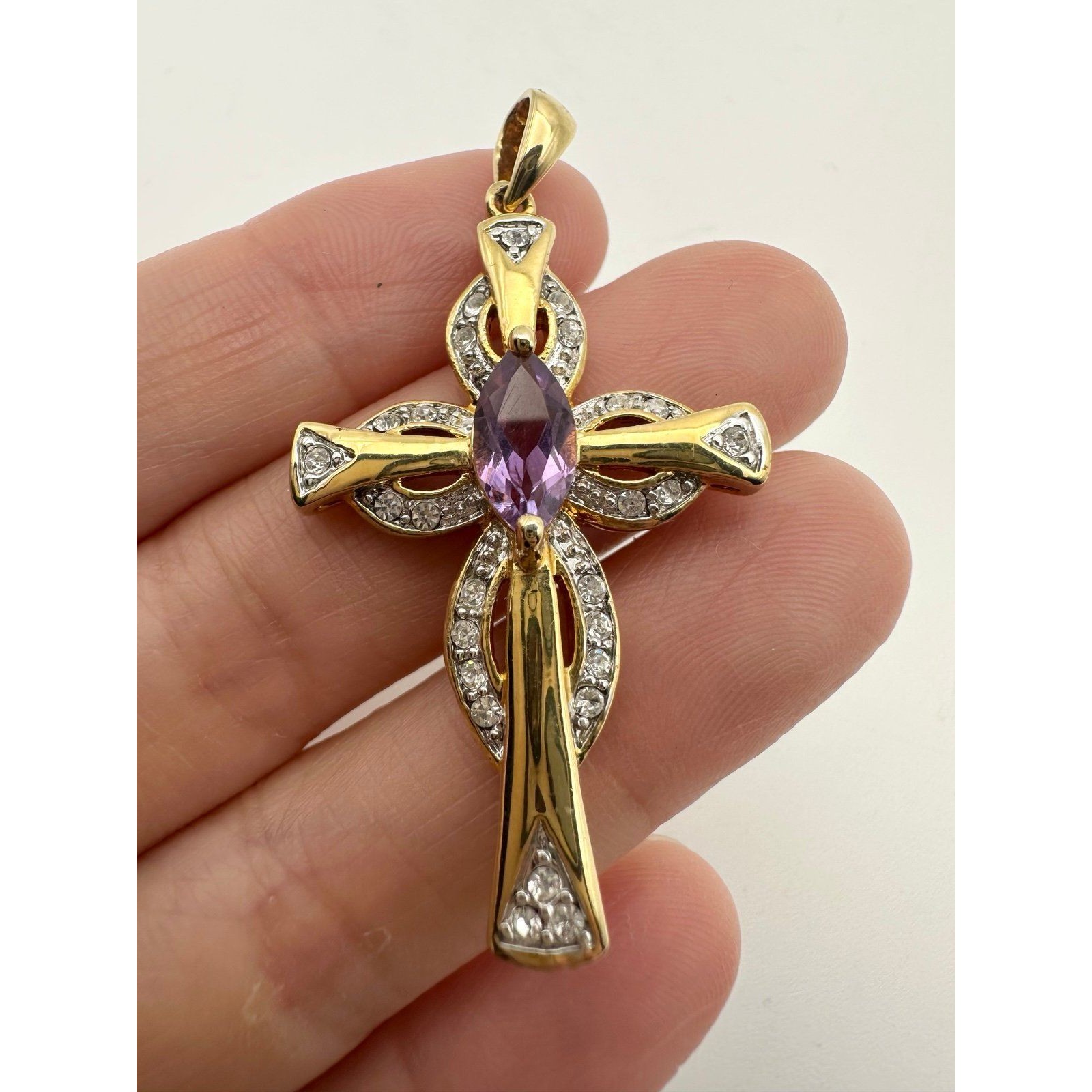 14k Gold Plated Natural Amethyst Clear Cz Cross Pendant